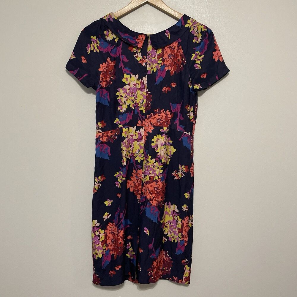 Boden Silk Blend Sheath Dress 6R Navy Blue Floral Collared Pleats Classy Preppy - Picture 8 of 15